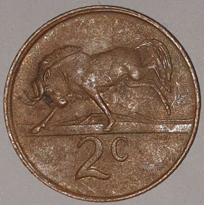 1982 - 2 CENT COIN (TWO CENT COIN) - RSA - BRONZE - KM#83 - BILINGUAL LEGEND - WILDEBEEST